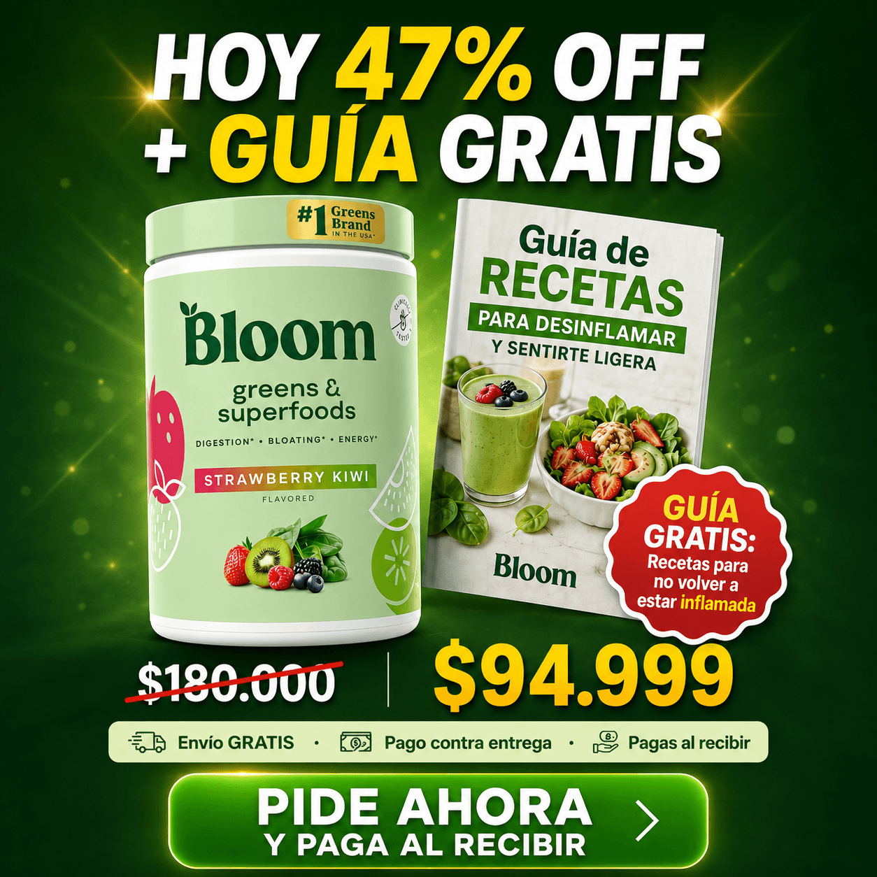 Bloom Greens - Una cucharada al día y recupera tu figura desde adentro + guia gratis de recetas saludables